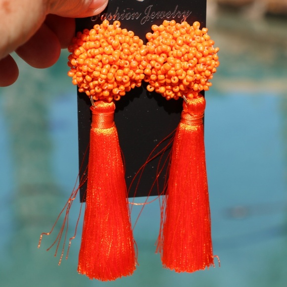 New! Large Orange Boho Earrings Post Drop Tassels - Picture 5 of 5